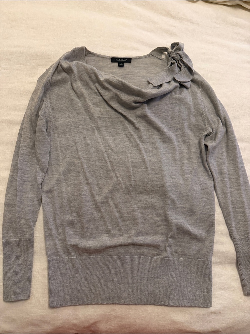 Anne Taylor Light Gray Cowl Neck Sweater with Shoulder Bow